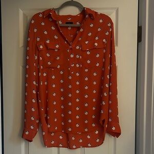 Ann Taylor Coral Printed Long-Sleeve Button-Front Blouse
